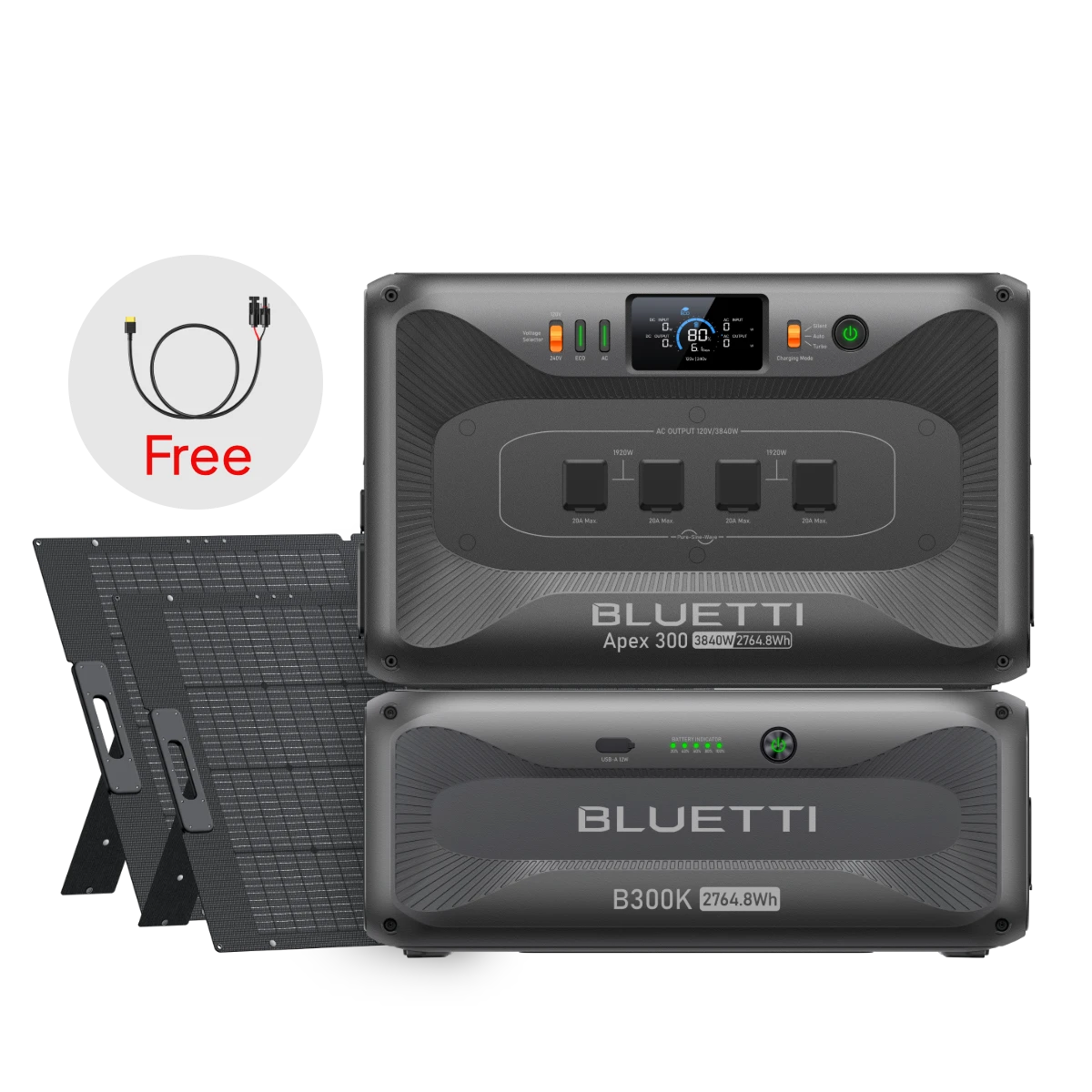 Apex 300+B300K+2*350W | 3,840W, 5,529.6Wh, 700W Solar Generator Kit