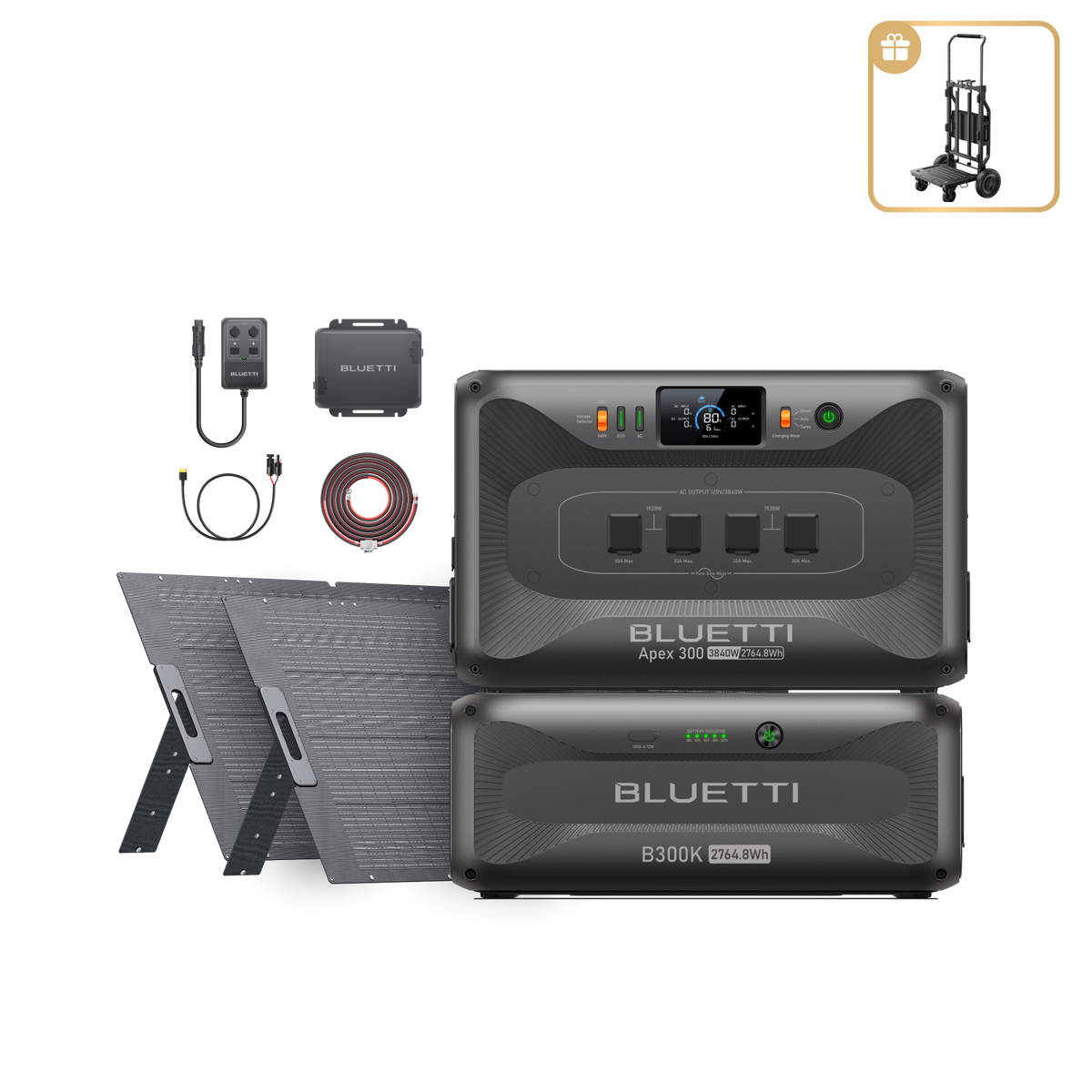 Apex 300+B300K+2*350W+Charger 1+Hub D1 | 3,840W, 5,529.6Wh, 700W Solar, 560W Charger