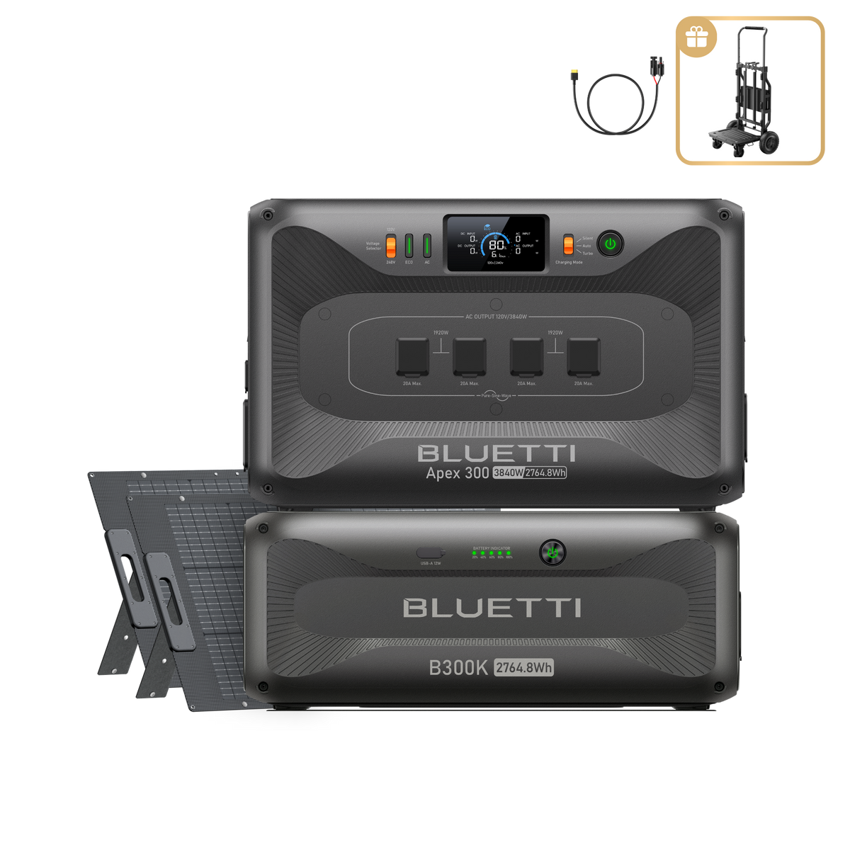 Apex 300+B300K+2*350W | 3,840W, 5,529.6Wh, 700W Solar Generator Kit